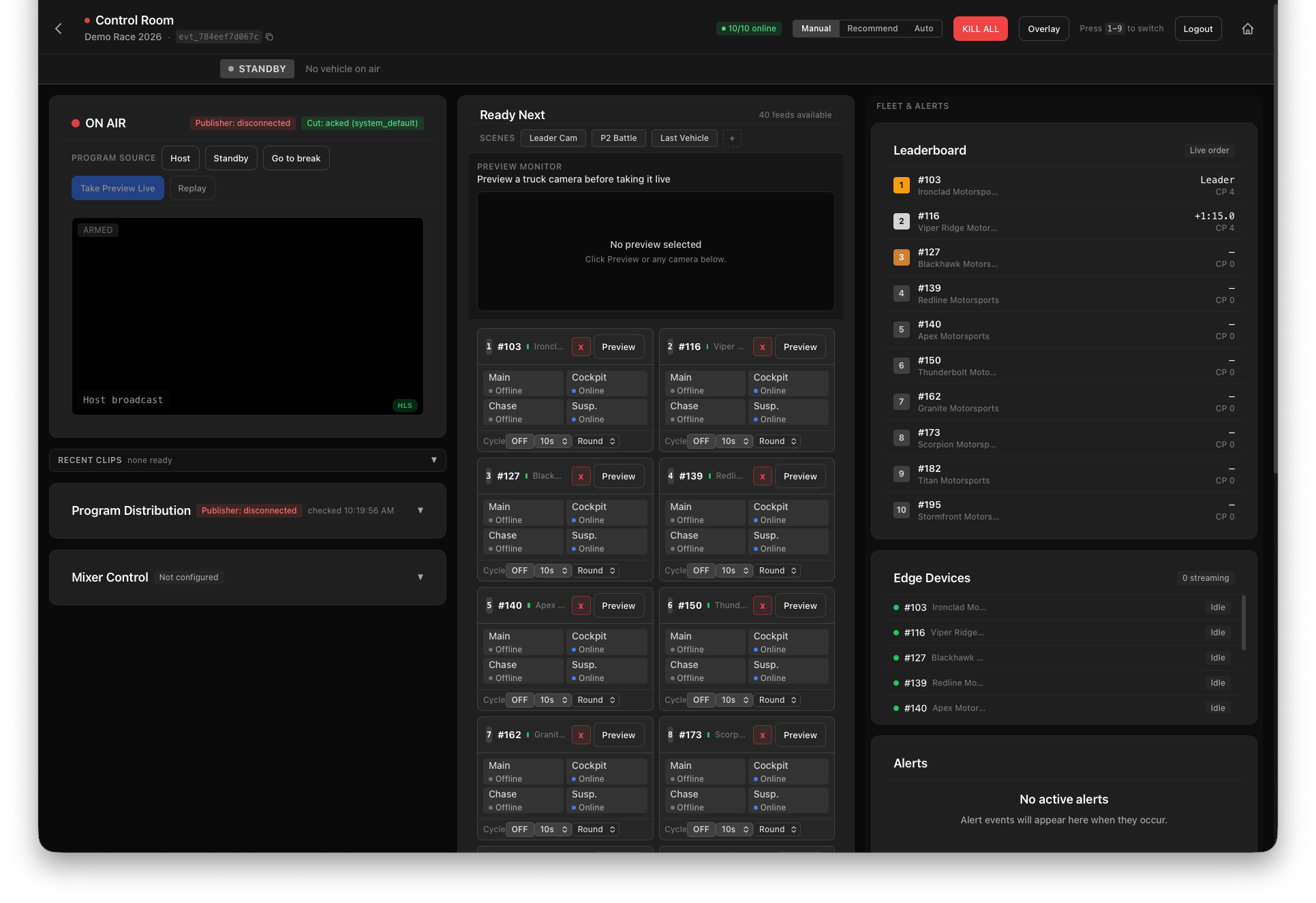 Producer control room with ON AIR feed and camera grid