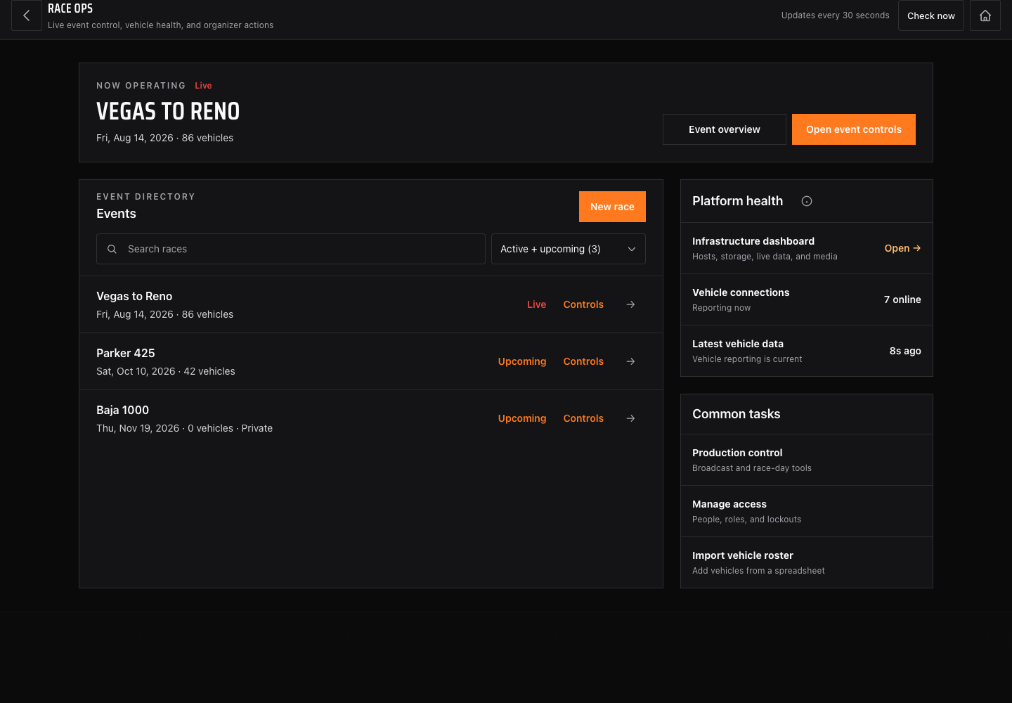 Race Link Live Race Ops interface showing an active event, event directory, vehicle connections and common race-day tasks